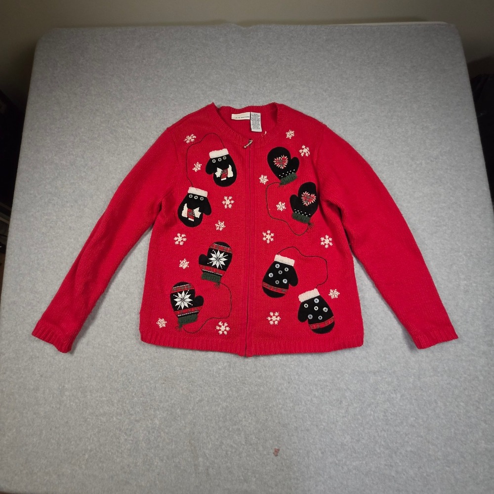 Croft & Barrow Christmas Mitten Scottie Dog Red Zip Sweater Holiday Party Sz S